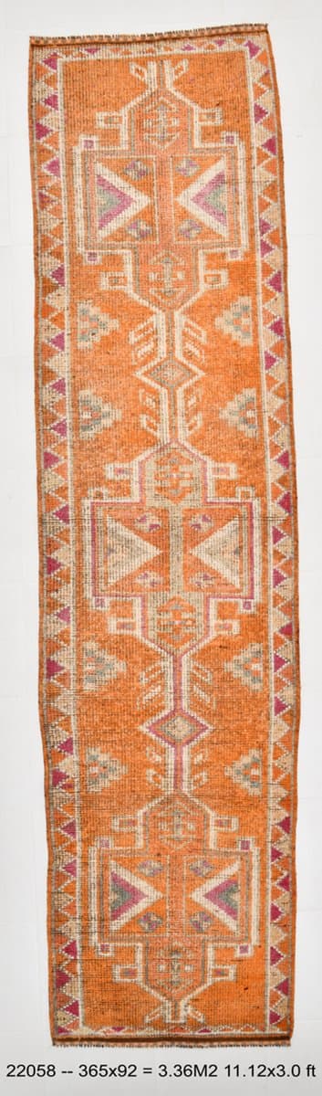 Runner Rug 365x92 cm, orange, wool, Turkey, 1970s. - 220670