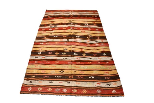Kilim 205x131 cm, beżowy, brązowy, wełna, Turcja, lata 60. - WYMIARY