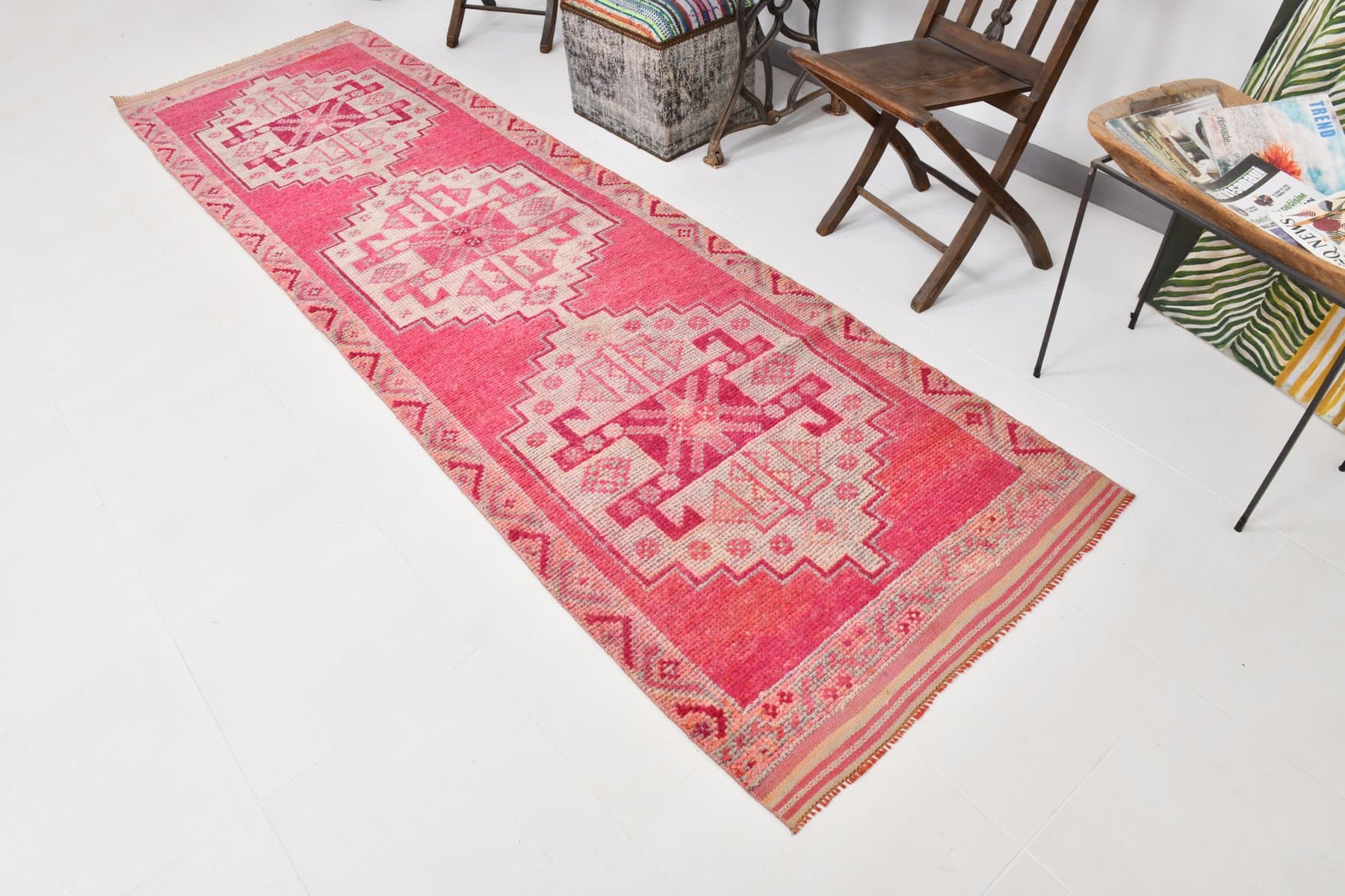 Chodnik 336x95 cm, różowy, wełna, lata 70. - 220631