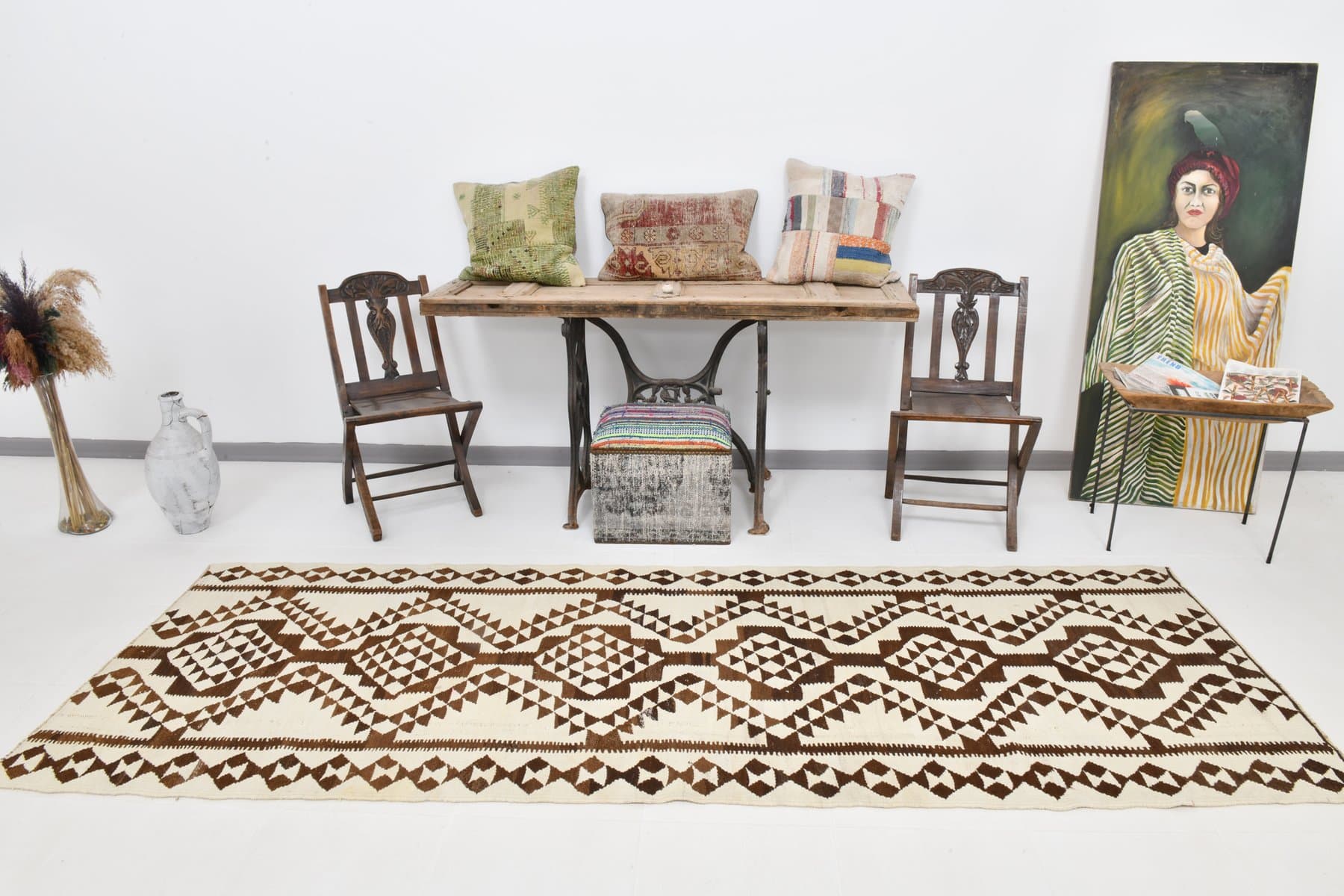 Kilim chodnik 314x106 cm, beżowy, wełna, Turcja, lata 60. - 220619