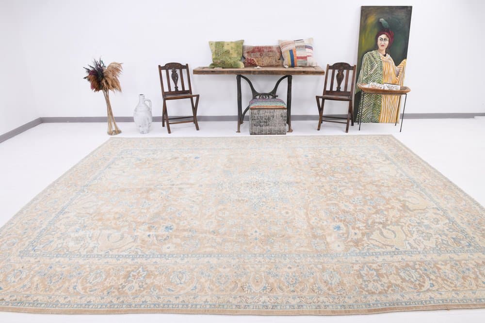 Dywan 361x275 cm, turkusowy, brązowy, wełna, Turcja, lata 60. - 220593