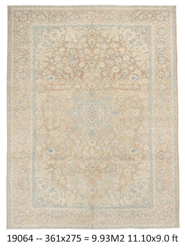 Dywan 361x275 cm, turkusowy, brązowy, wełna, Turcja, lata 60. - WYMIARY