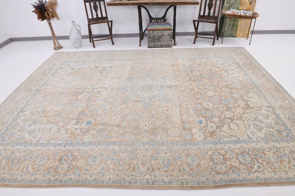 Dywan 361x275 cm, turkusowy, brązowy, wełna, Turcja, lata 60. - 220588