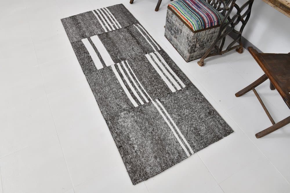 Rug 207x80 cm, grey, black, wool, 1970s - 220536