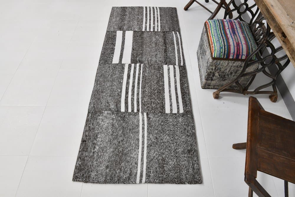Rug 207x80 cm, grey, black, wool, 1970s - 220540