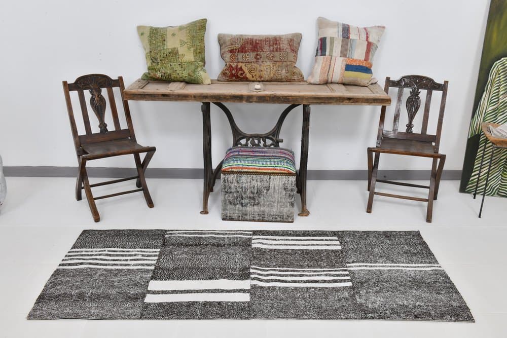 Rug 207x80 cm, grey, black, wool, 1970s - 220541