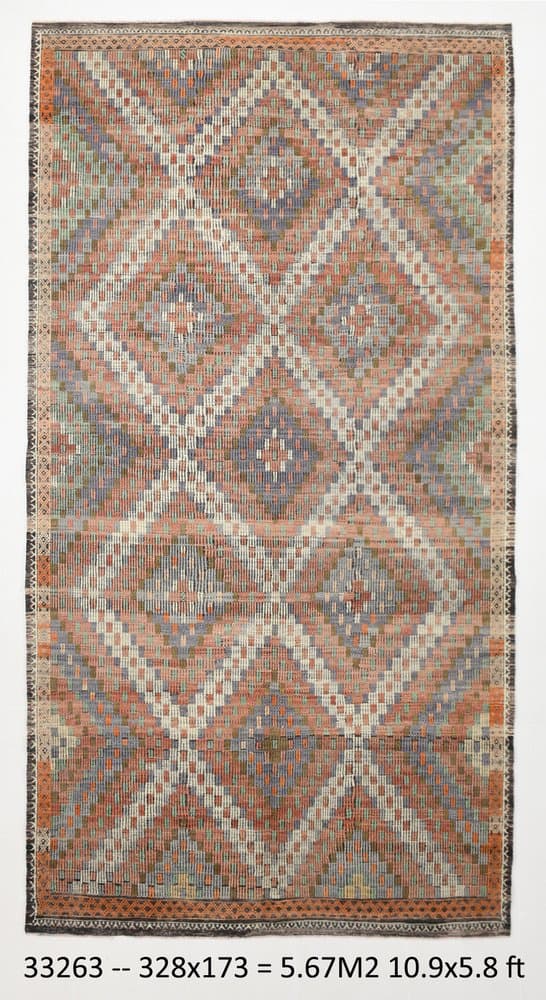Kilim 173x328 cm, zielony, beżowy, wełna, Turcja, lata 60. - 221435