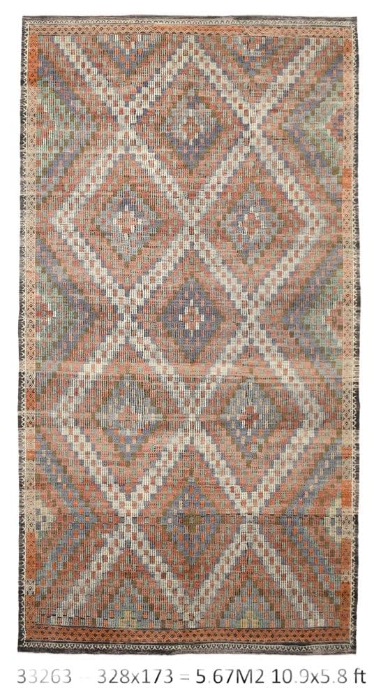 Kilim 173x328 cm, zielony, beżowy, wełna, Turcja, lata 60.