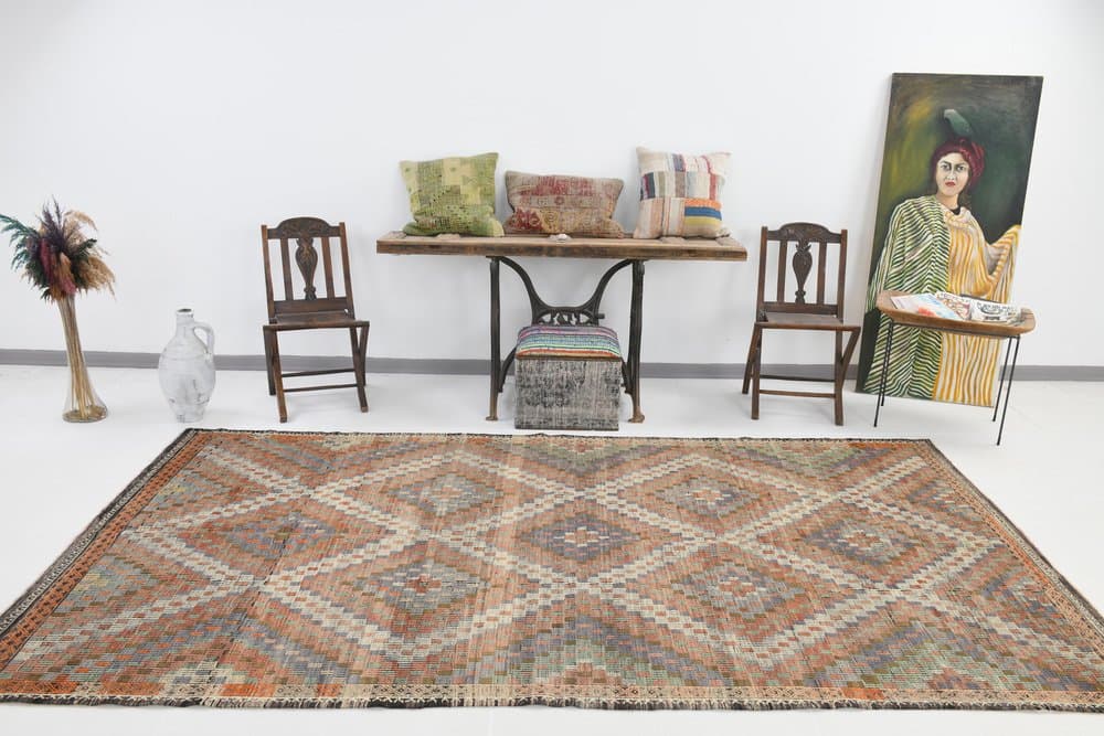 Kilim 173x328 cm, zielony, beżowy, wełna, Turcja, lata 60. - 221439