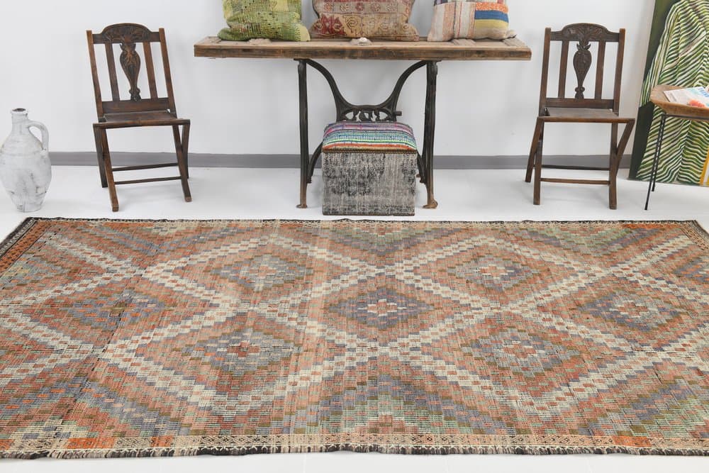 Kilim 173x328 cm, zielony, beżowy, wełna, Turcja, lata 60. - 221437