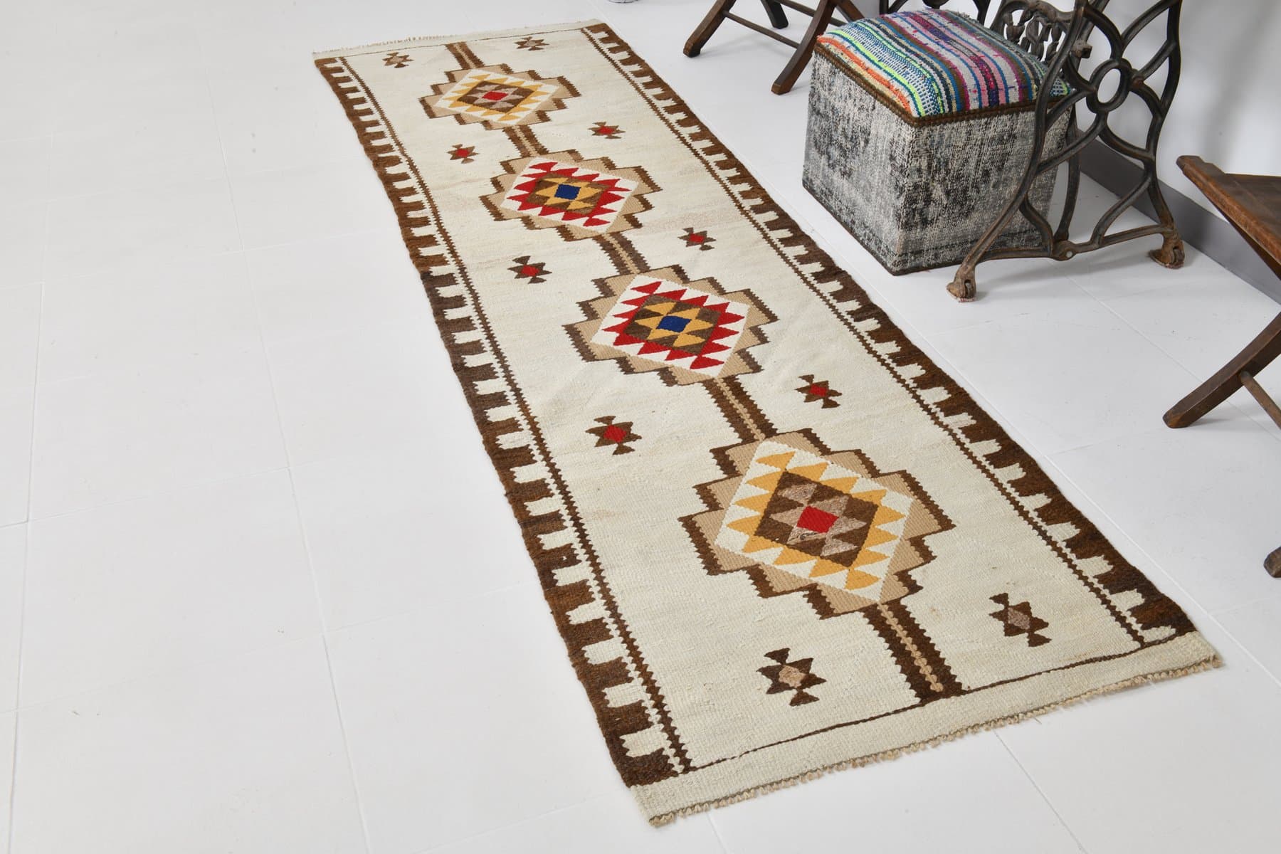 Kilim 86x285 cm, beżowy, wełna, Turcja, lata 70. - 221384
