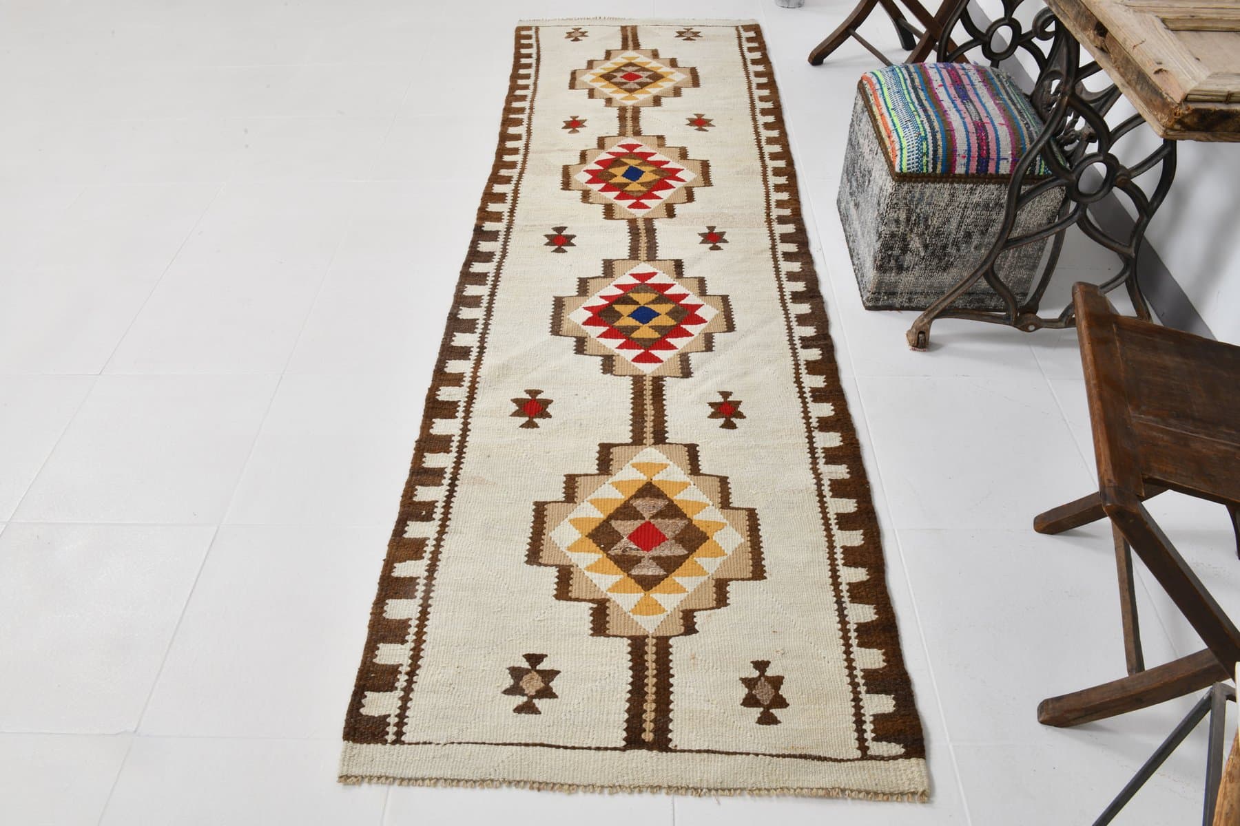 Kilim 86x285 cm, beżowy, wełna, Turcja, lata 70. - 221380