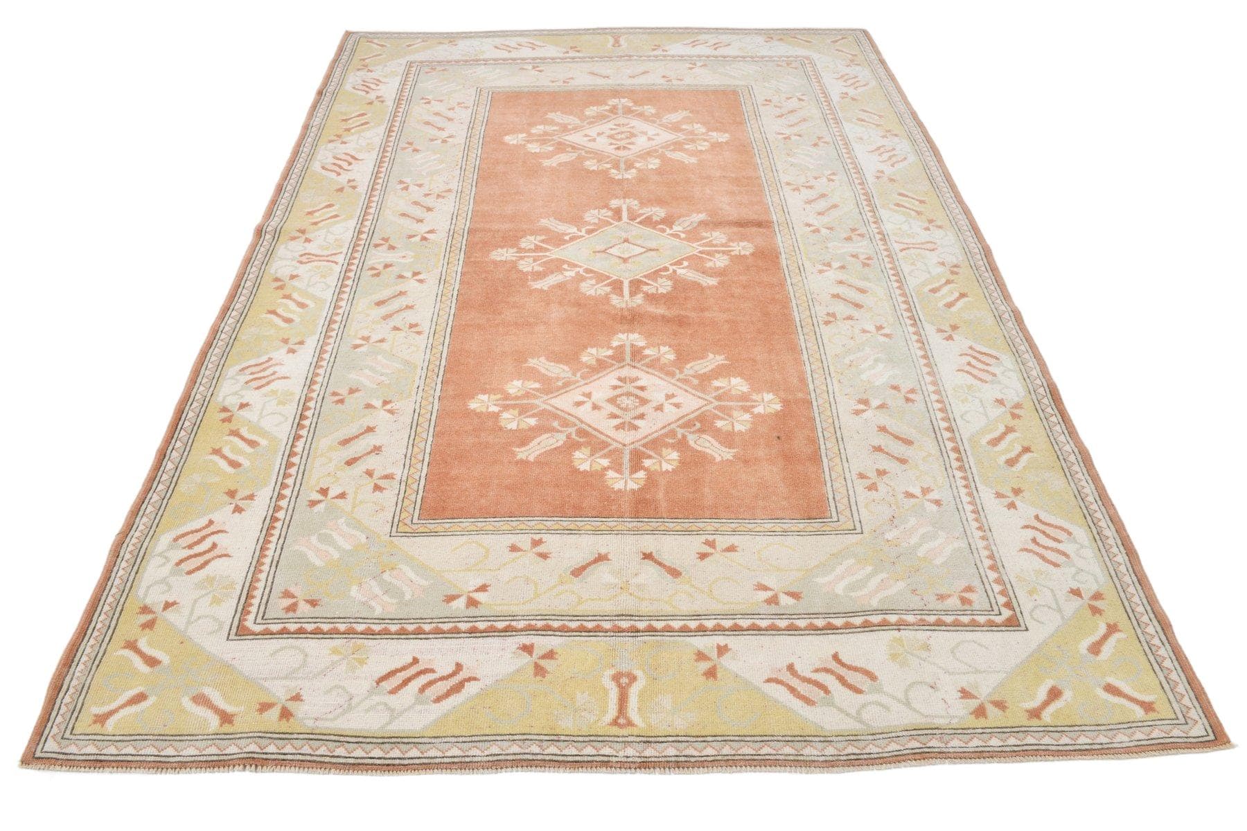 Dywan 205x276 cm, beżowy, pomarańczowy, wełna, lata 60.