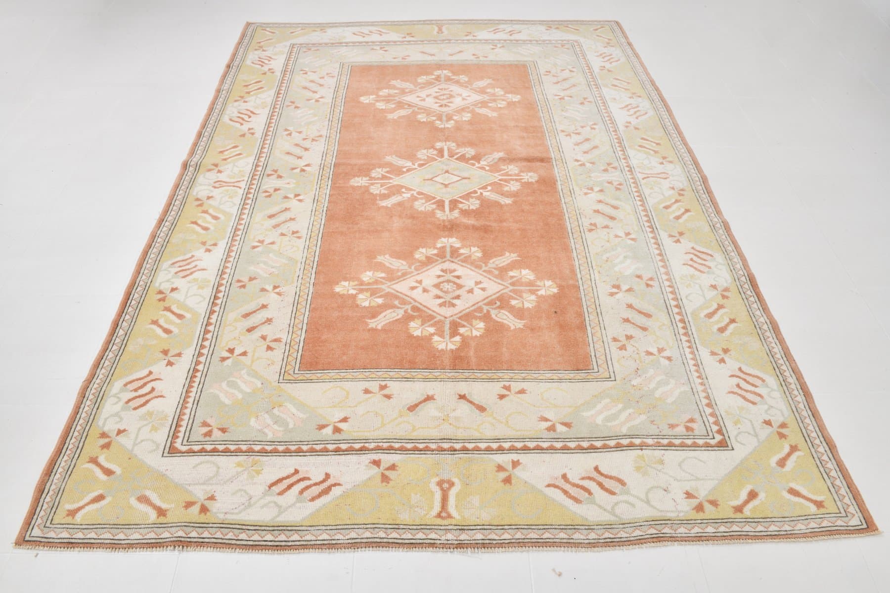 Dywan 205x276 cm, beżowy, pomarańczowy, wełna, lata 60. - 221357