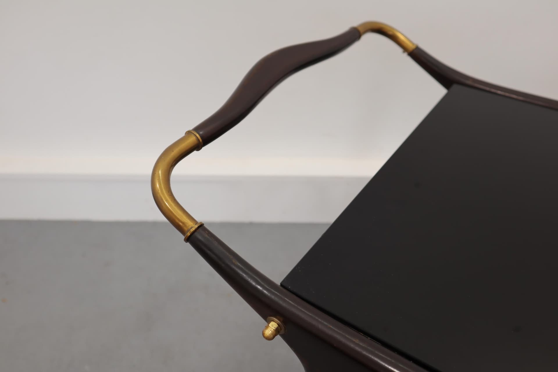 Wózek barowy, drewno brązowy, szkło czarny, Niemcy, lata 60. - 16077