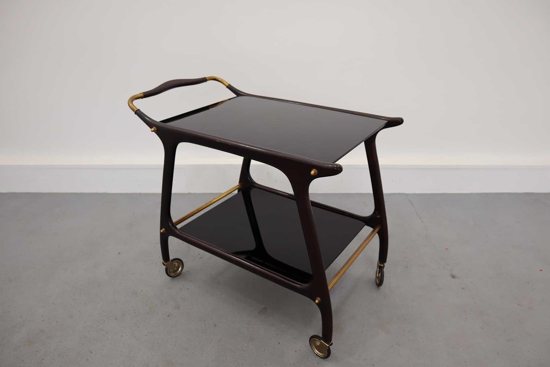 Wózek barowy, drewno brązowy, szkło czarny, Niemcy, lata 60. - 16079
