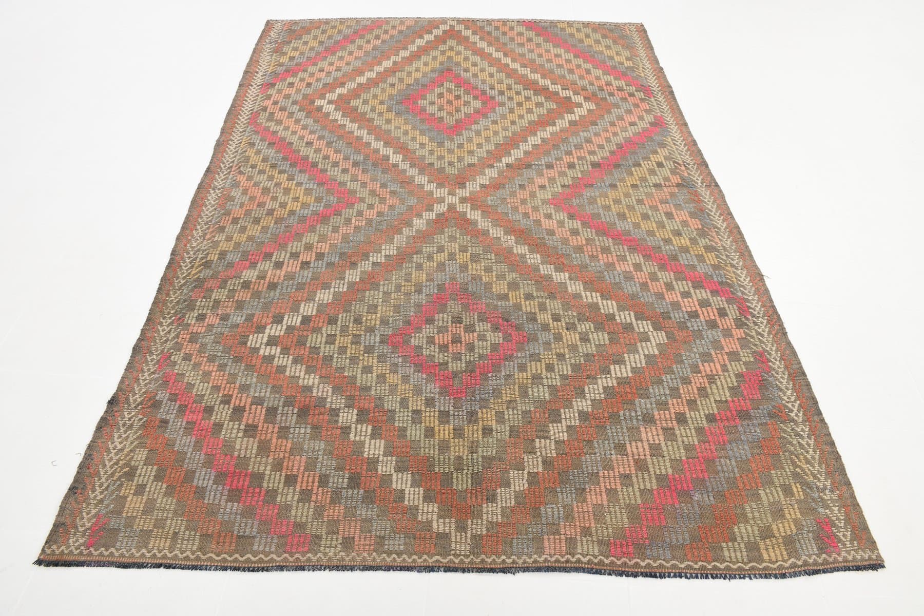 Kilim 251x178 cm, brązowy, wełna, lata 60. - 221305