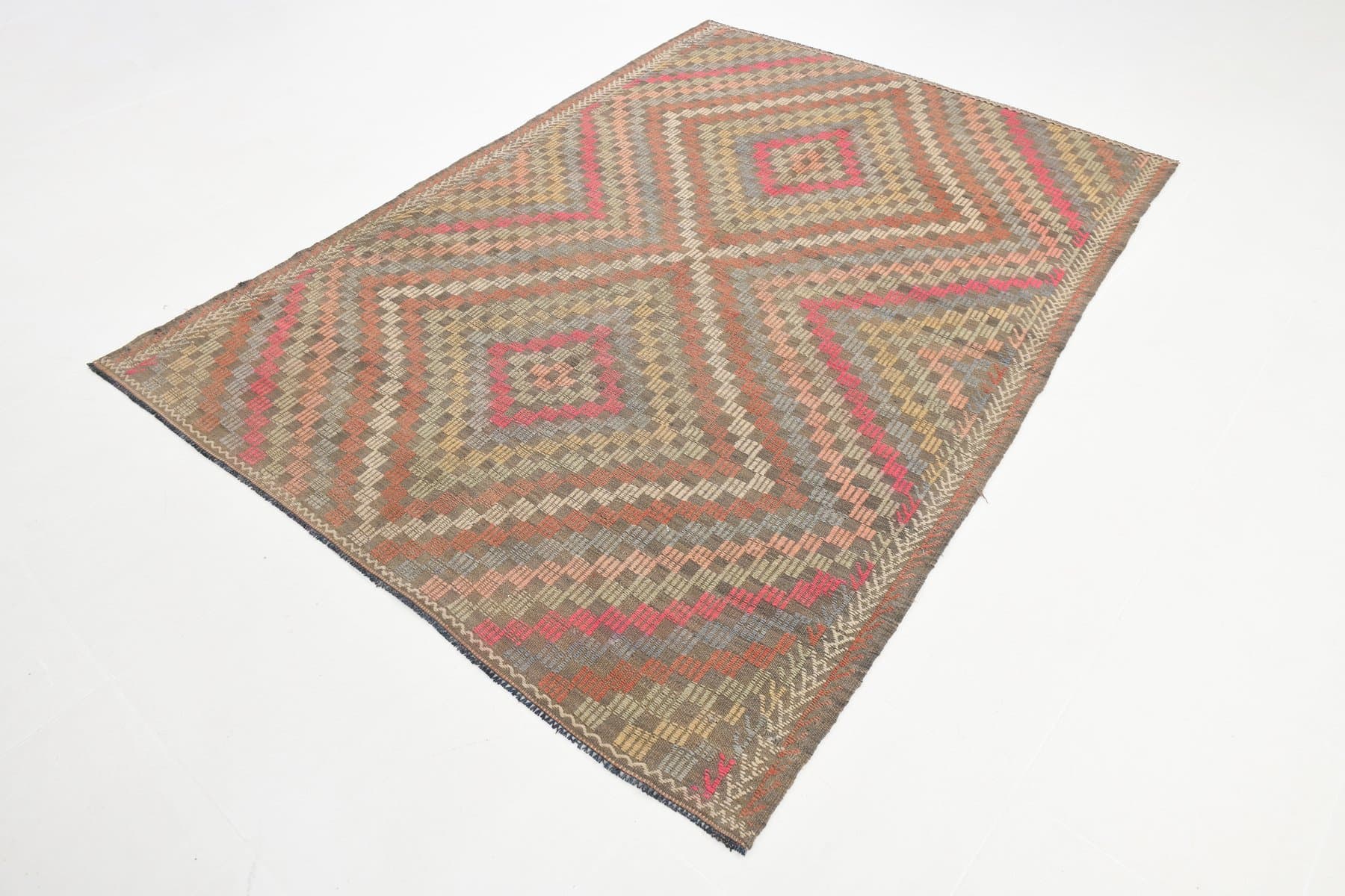 Kilim 251x178 cm, brązowy, wełna, lata 60. - 221302