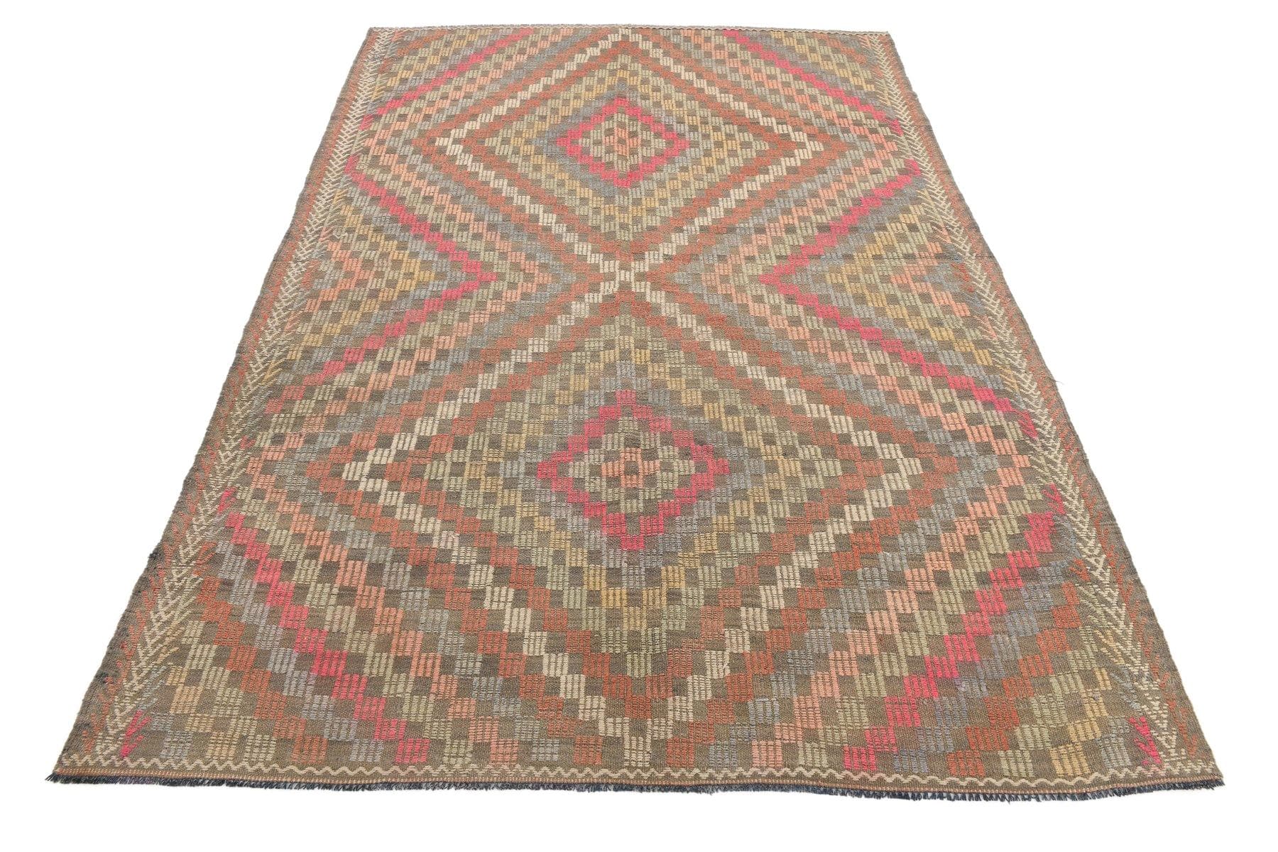 Kilim 251x178 cm, brązowy, wełna, lata 60.