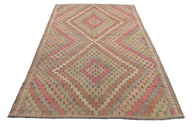 Kilim 251x178 cm, brązowy, wełna, lata 60. - WYMIARY