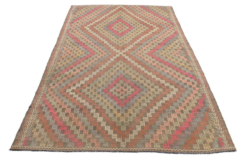 Kilim 251x178 cm, brązowy, wełna, lata 60.