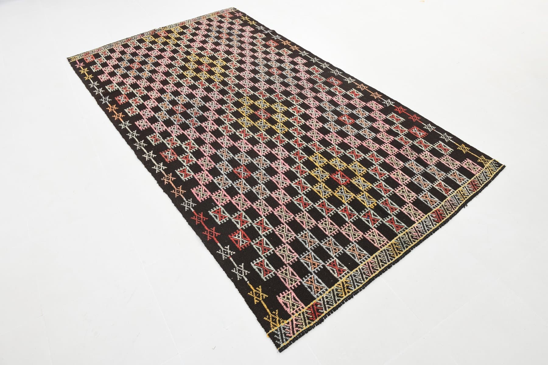 Kilim 148x262 cm, różowy, zielony, wełna, lata 60. - 221294