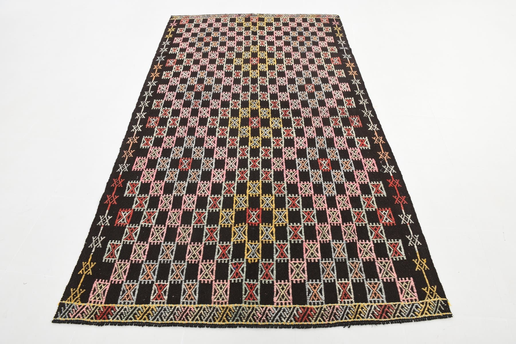 Kilim 148x262 cm, różowy, zielony, wełna, lata 60. - 221292