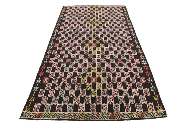 Kilim 148x262 cm, różowy, zielony, wełna, lata 60. - WYMIARY