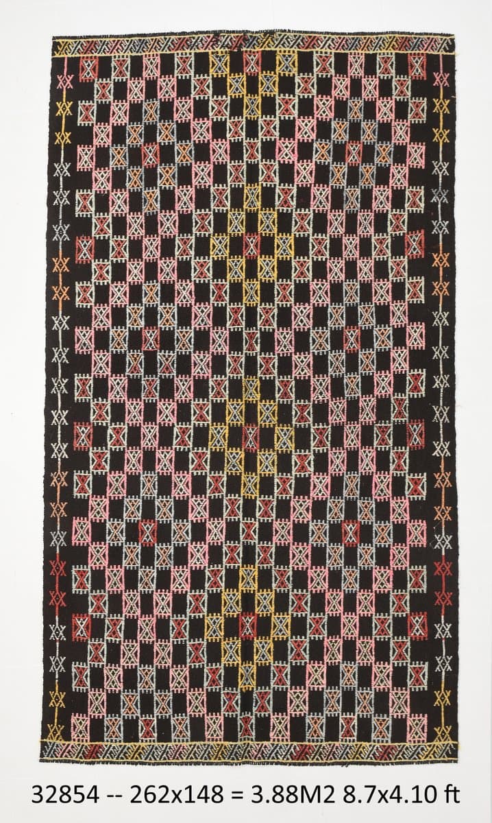 Kilim 148x262 cm, różowy, zielony, wełna, lata 60. - 221293