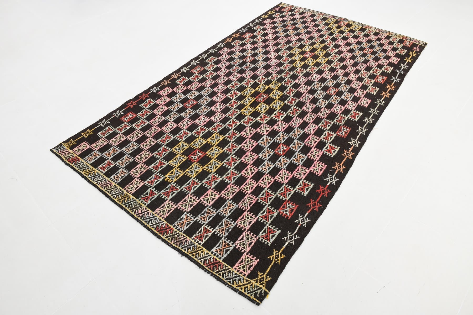 Kilim 148x262 cm, różowy, zielony, wełna, lata 60. - 221289