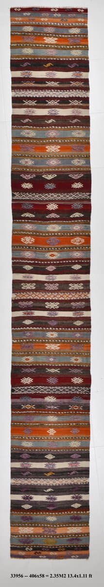 Kilim 406x58 cm, brązowy, wełna, Turcja, lata 60. - 221254