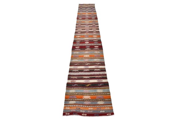 Kilim 406x58 cm, brązowy, wełna, Turcja, lata 60. - WYMIARY