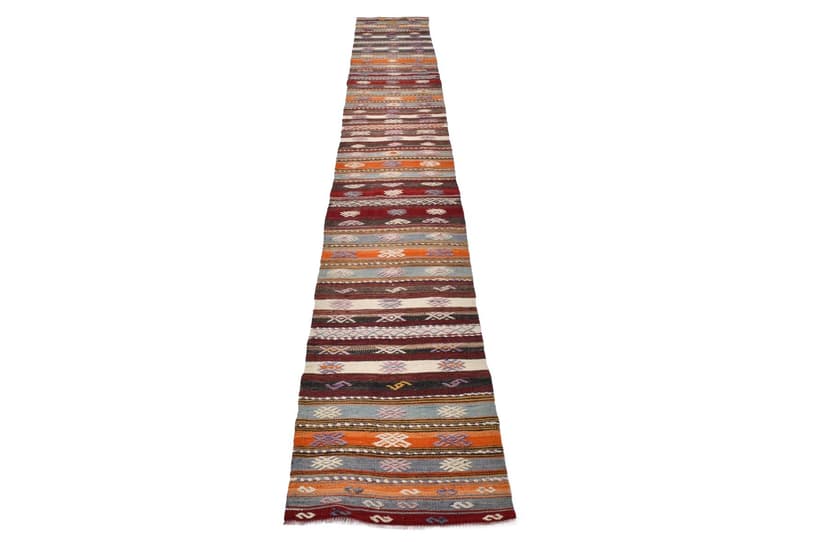 Kilim 406x58 cm, brązowy, wełna, Turcja, lata 60.