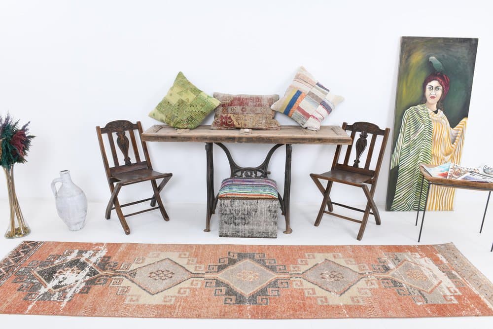 Runner Rug 335x80 cm, orange, wool, Turkey, 1960s. - 221164