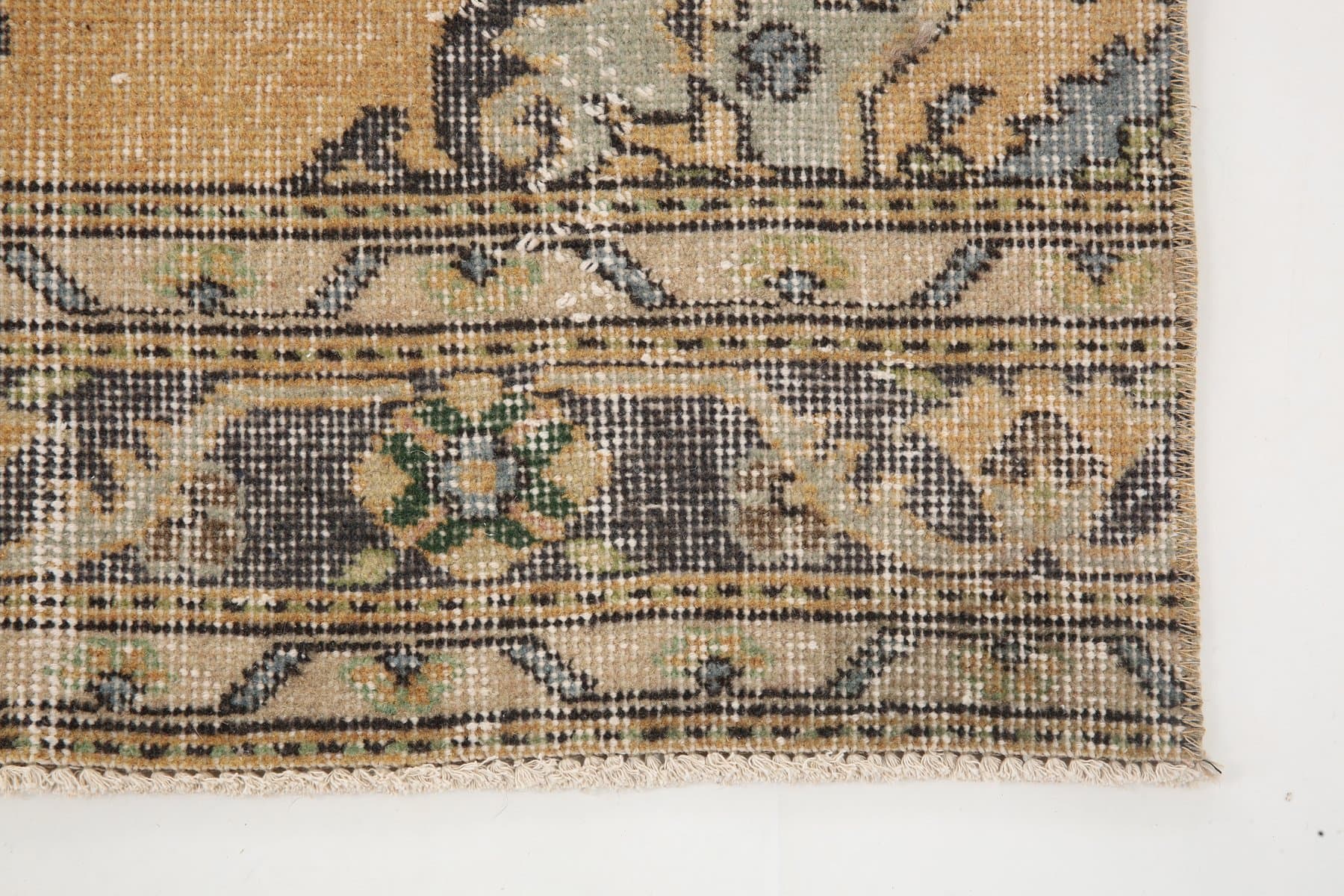 Runner Rug 380x91 cm, beige, green, wool, Turkey, 1960s - 221122