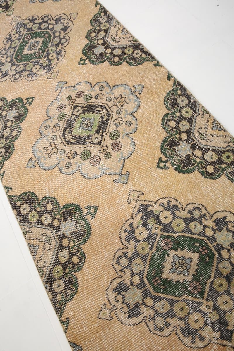 Runner Rug 380x91 cm, beige, green, wool, Turkey, 1960s - 221131