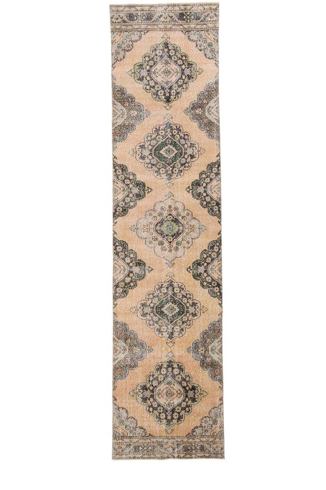 Runner Rug 380x91 cm, beige, green, wool, Turkey, 1960s - DIMENSION