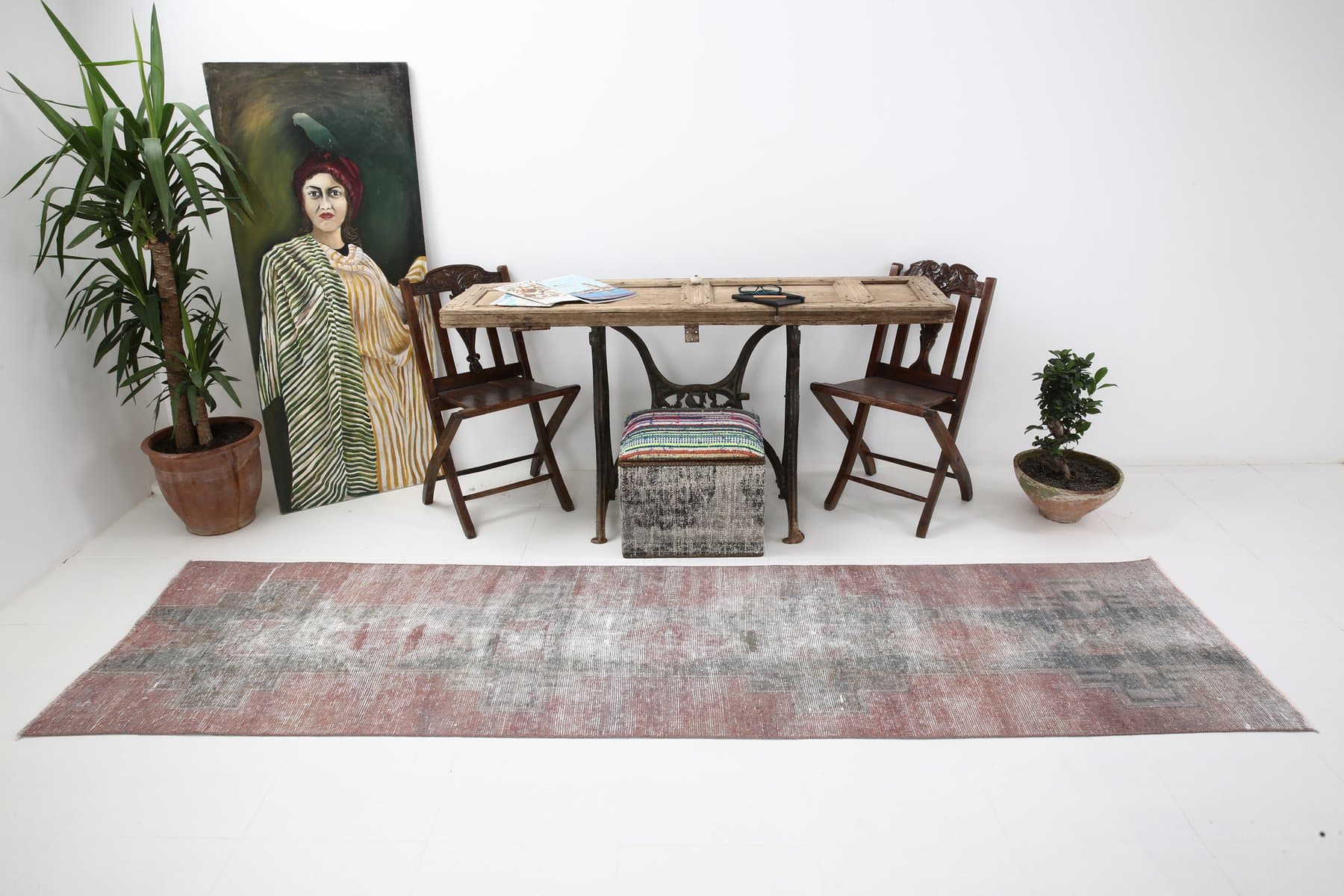 Runner Rug 319x83 cm, pink, green, wool, Turkey, 1960s. - 221112