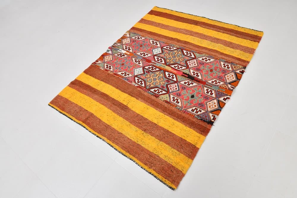 Kilim 172x130 cm, brązowy, pomarańczowy, wełna, Turcja, lata 60. - 221081