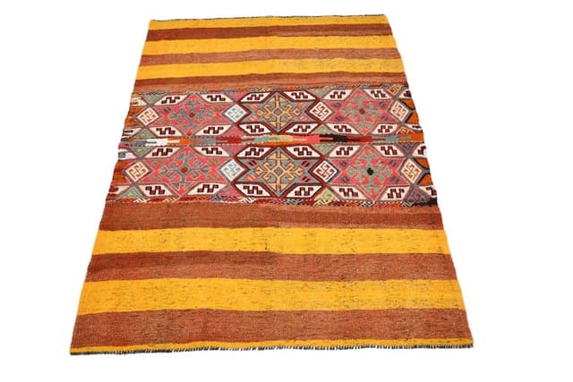 Kilim 172x130 cm, brązowy, pomarańczowy, wełna, Turcja, lata 60. - WYMIARY
