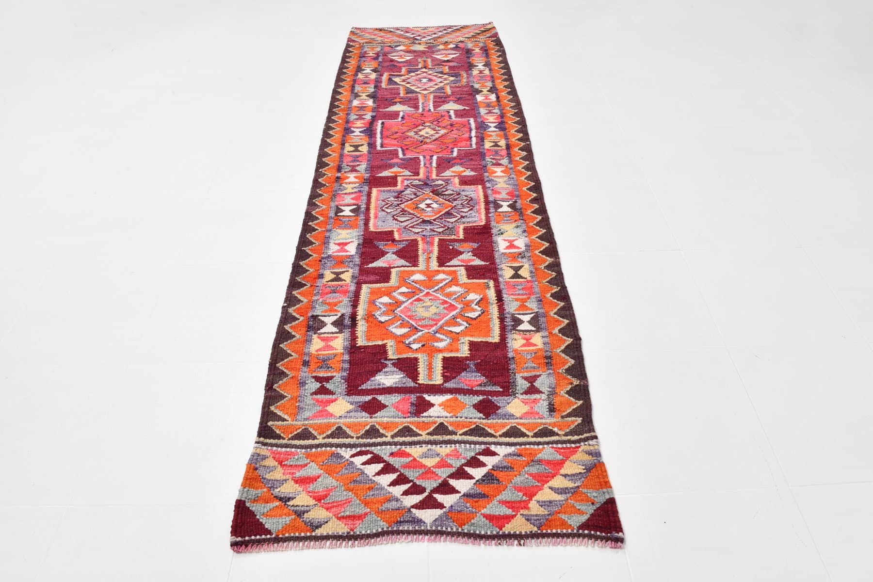 Kilim chodnik 288x83 cm, koralowy, wełna, Turcja, lata 60. - 221071