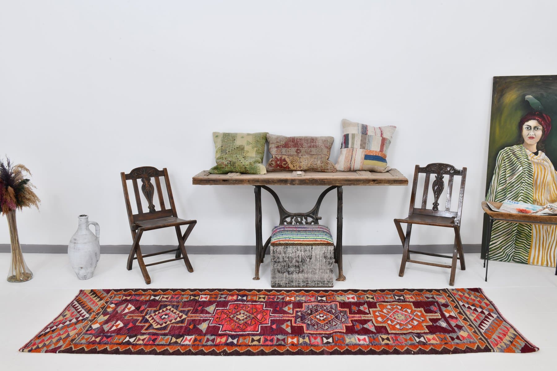 Kilim chodnik 288x83 cm, koralowy, wełna, Turcja, lata 60. - 221073