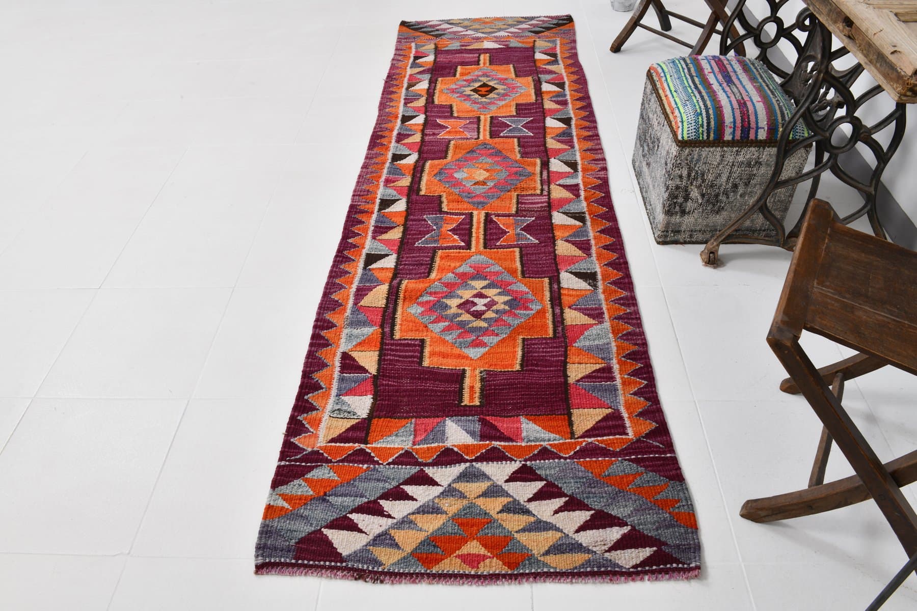 Kilim Runner Rug 288x85 cm, red, wool, Turkey, 1960s. - 221061