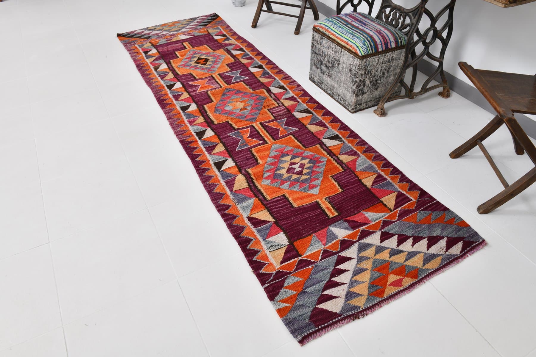 Kilim Runner Rug 288x85 cm, red, wool, Turkey, 1960s. - 221063