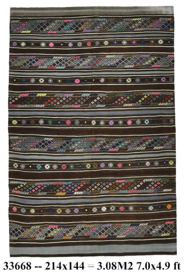 Kilim 214x144 cm, szary, brązowy, wełna, Turcja, lata 70. - WYMIARY