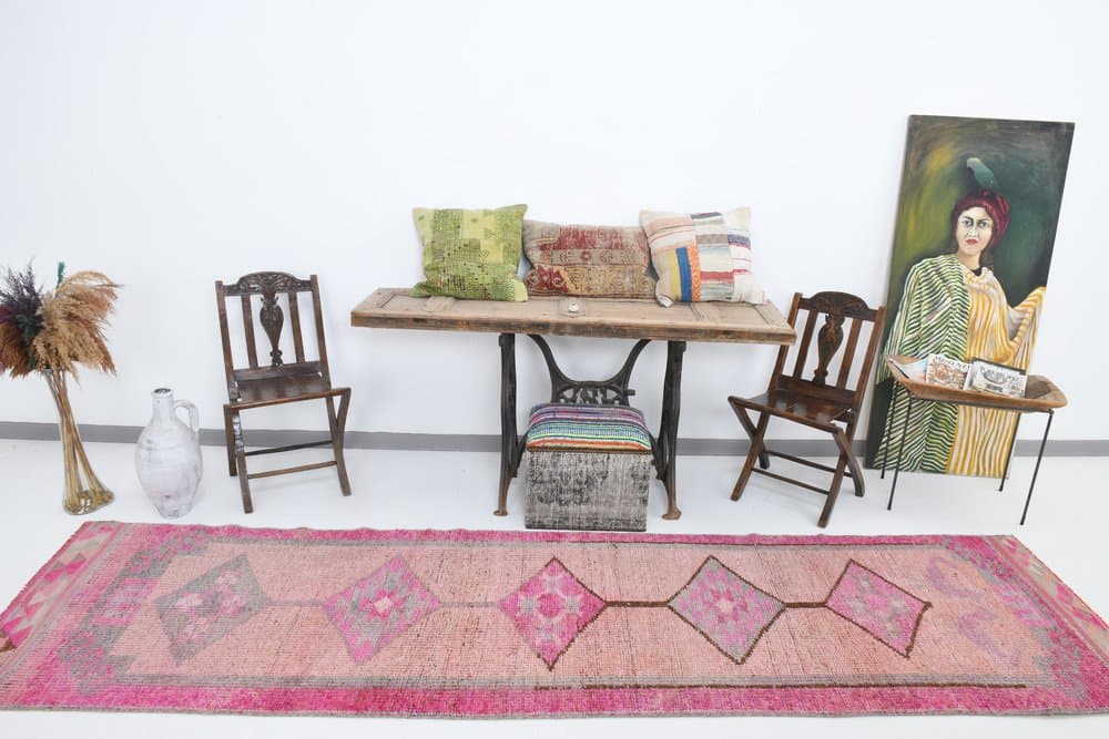 Chodnik 92x355 cm, różowy, wełna, Turcja, lata 70. - 220982