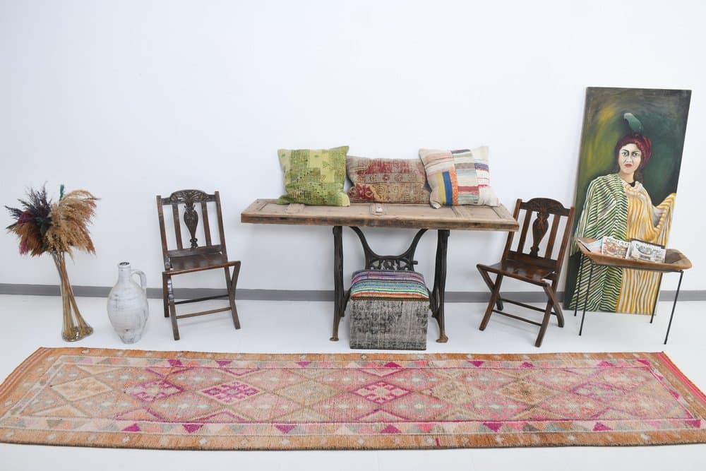 Chodnik 80x374 cm, różowy, wełna, Turcja, lata 70. - 220969