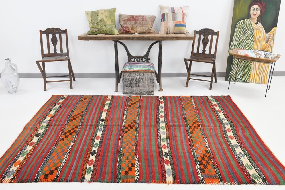 Kilim 253x172 cm, czerwony, zielony, wełna, Turcja, lata 60. - 221928