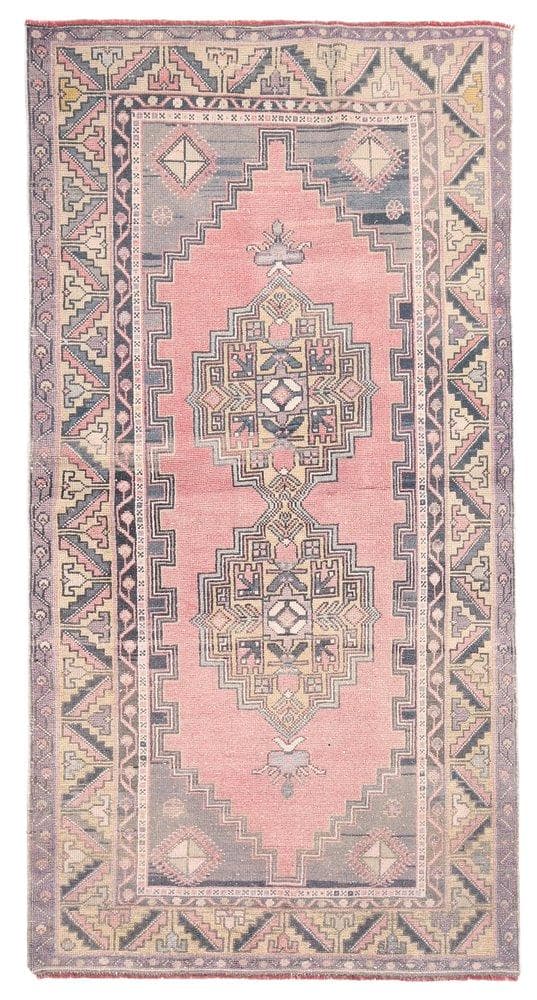 Dywan 220x113 cm, różowy, wełna, Turcja, lata 70.