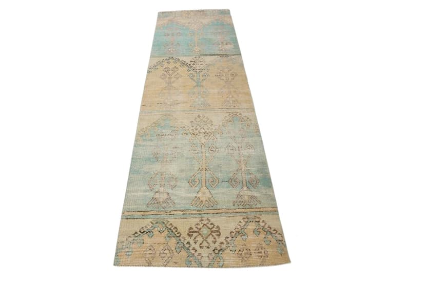 Runner 289x80 cm, beige, turquoise, wool, Turkey, 1970s.